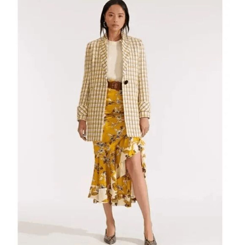 Veronica Beard Jin Dickey Blazer Yellow White Plaid Mid Length Coat Extra Small
